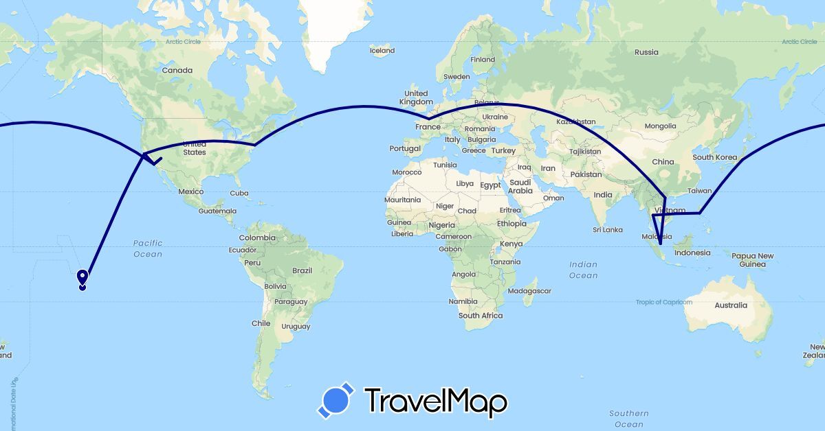 TravelMap itinerary: driving in France, Japan, Philippines, Singapore, Thailand, United States, Vietnam (Asia, Europe, North America)